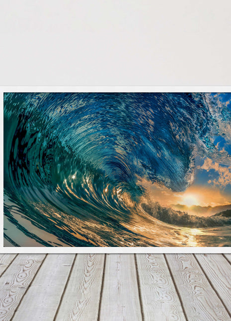 Sunset in the surf. Framed picture print with a choice of frame colours.