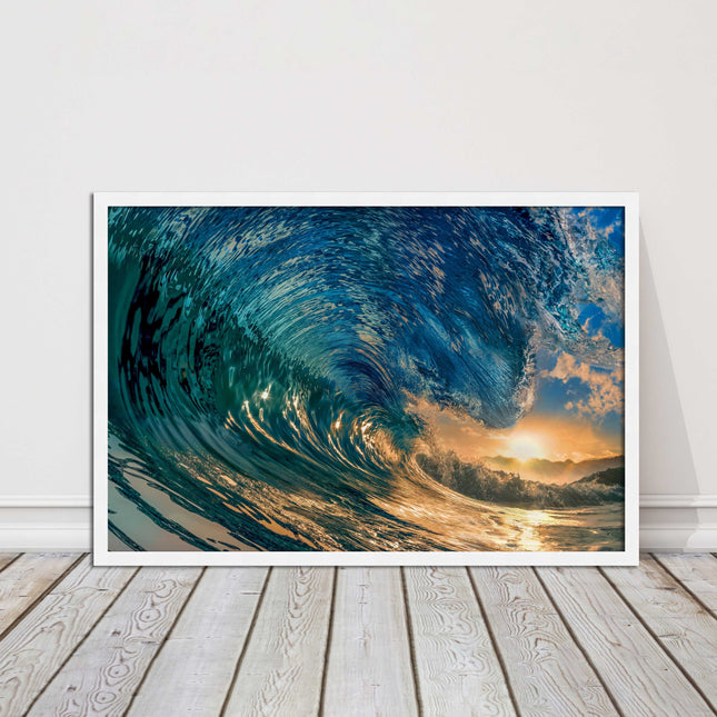 Sunset in the surf. Framed picture print with a choice of frame colours.