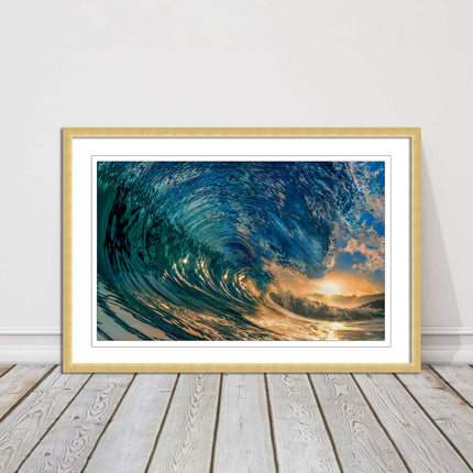 Sunset in the surf. Framed picture print with a choice of frame colours.