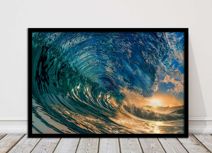 Sunset in the surf. Framed picture print with a choice of frame colours.