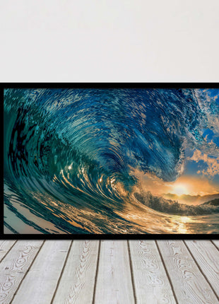 Sunset in the surf. Framed picture print with a choice of frame colours.