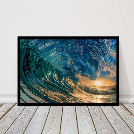 Sunset in the surf. Framed picture print with a choice of frame colours.