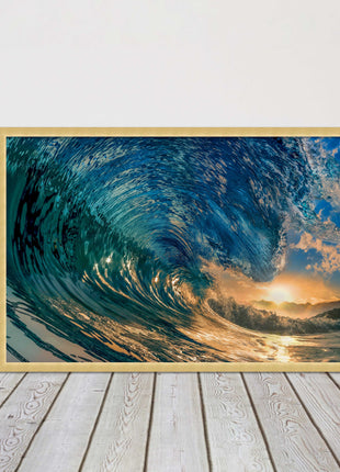Sunset in the surf. Framed picture print with a choice of frame colours.