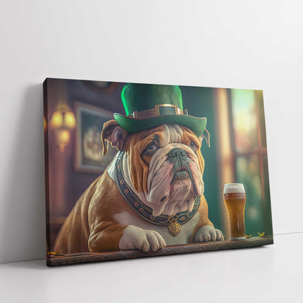 Bulldog at the bar. Printed and framed as a canvas print.