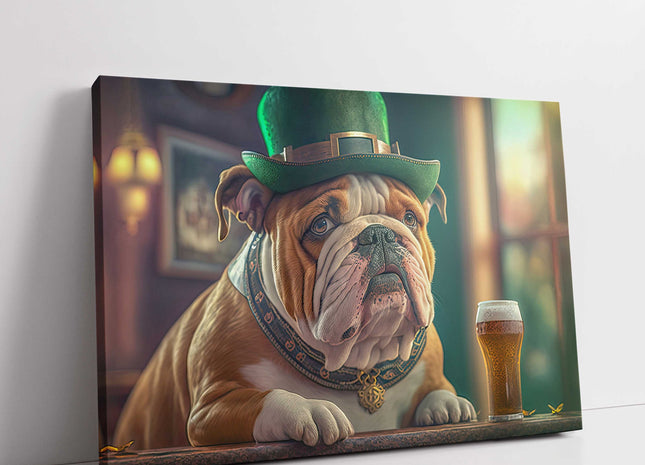 Bulldog at the bar. Printed and framed as a canvas print.