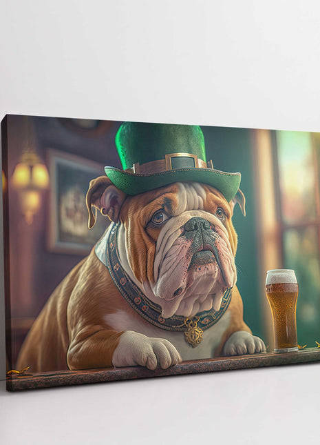 Bulldog at the bar. Printed and framed as a canvas print.