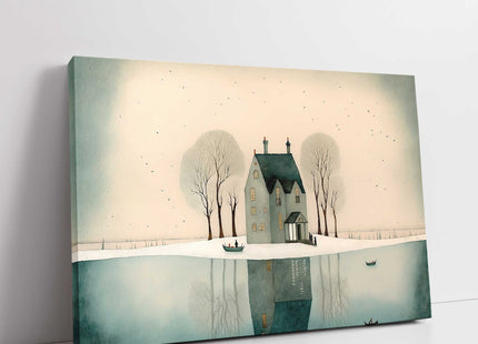 House in the trees. Watercolour painting. Winter snow scene canvas picture print