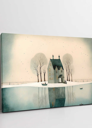 House in the trees. Watercolour painting. Winter snow scene canvas picture print