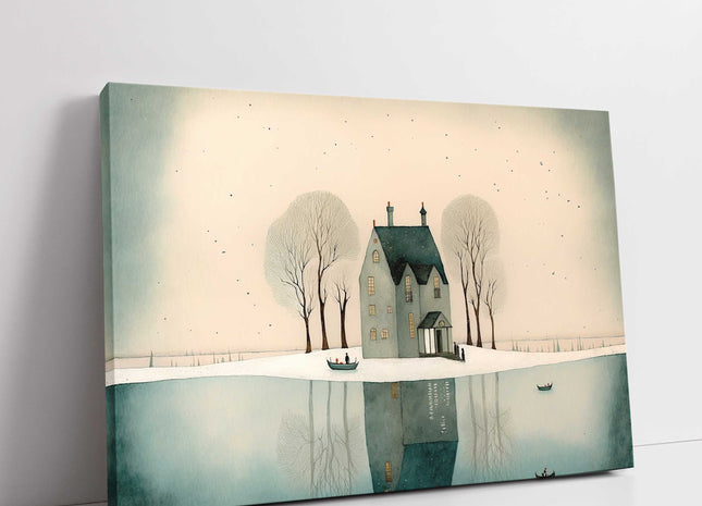 House in the trees. Watercolour painting. Winter snow scene canvas picture print