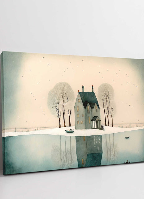 House in the trees. Watercolour painting. Winter snow scene canvas picture print