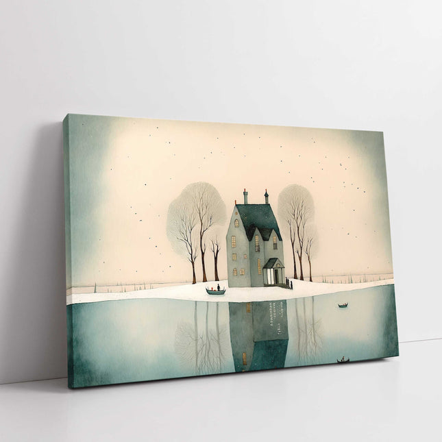 House in the trees. Watercolour painting. Winter snow scene canvas picture print