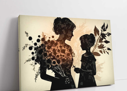 Mother and daughter silhouette, with flowers art canvas picture print