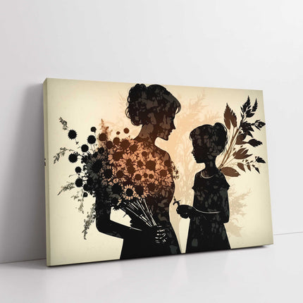 Mother and daughter silhouette, with flowers art canvas picture print