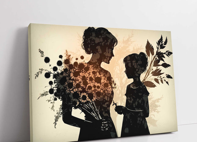 Mother and daughter silhouette, with flowers art canvas picture print