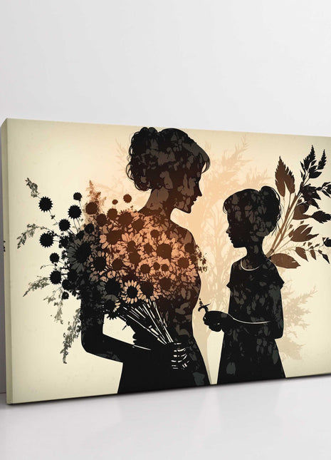 Mother and daughter silhouette, with flowers art canvas picture print