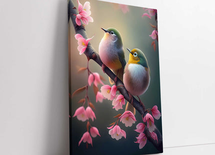 Birds perched on floral branch. Beautiful birds Printed canvas picture