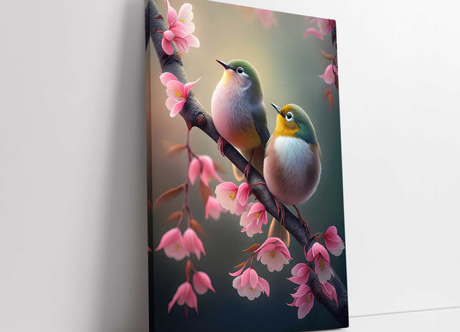 Birds perched on floral branch. Beautiful birds Printed canvas picture
