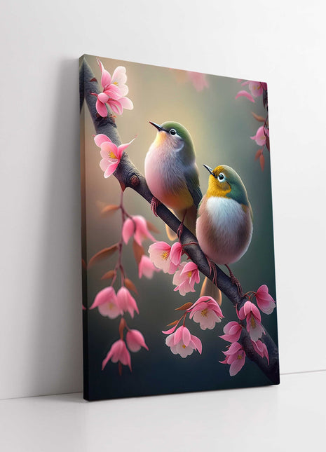Birds perched on floral branch. Beautiful birds Printed canvas picture