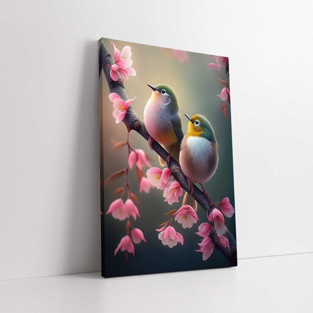 Birds perched on floral branch. Beautiful birds Printed canvas picture
