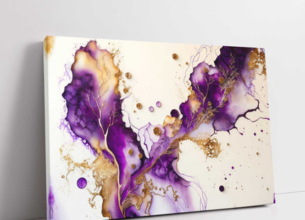 Abstract ink spill pattern purple and gold. Modern wall art Canvas picture print
