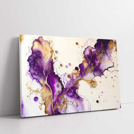 Abstract ink spill pattern purple and gold. Modern wall art Canvas picture print