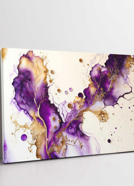 Abstract ink spill pattern purple and gold. Modern wall art Canvas picture print