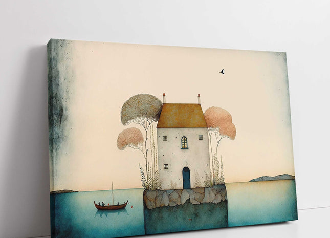 House in the trees. Watercolour painting. Printed and framed as a canvas print