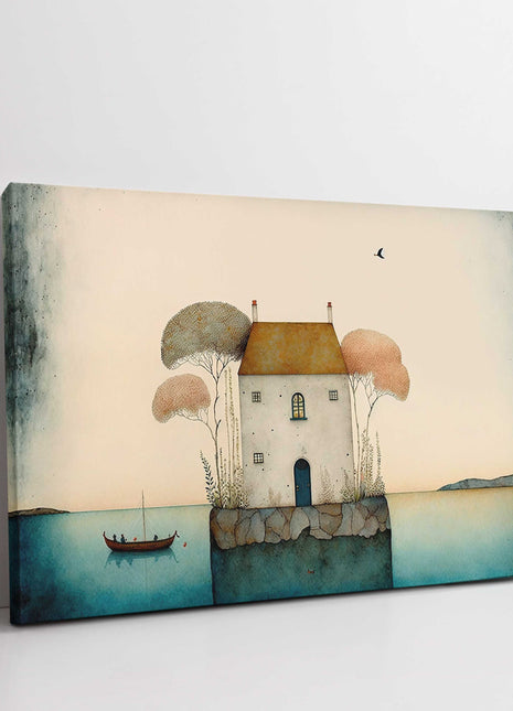 House in the trees. Watercolour painting. Printed and framed as a canvas print