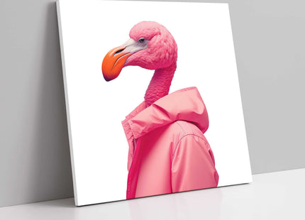 Funny flamingo dressed up. canvas picture print. Wall Art
