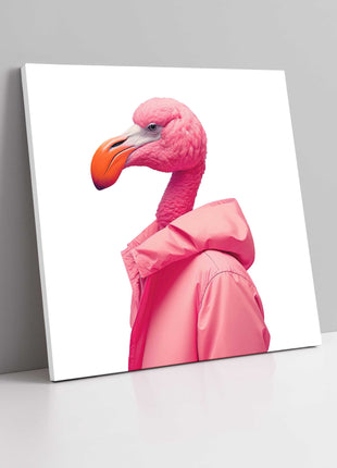 Funny flamingo dressed up. canvas picture print. Wall Art