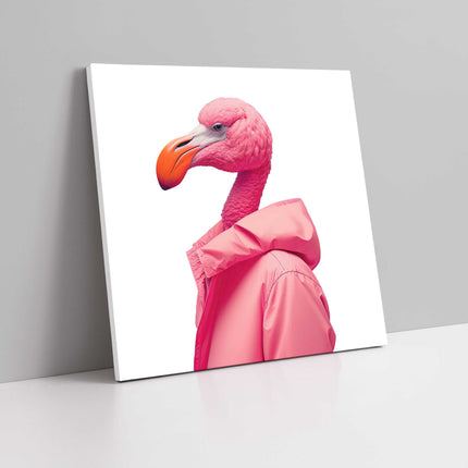 Funny flamingo dressed up. canvas picture print. Wall Art