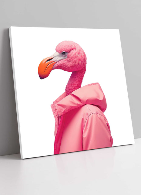 Funny flamingo dressed up. canvas picture print. Wall Art