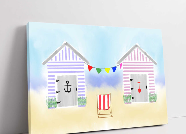 beach huts hand drawn canvas picture print
