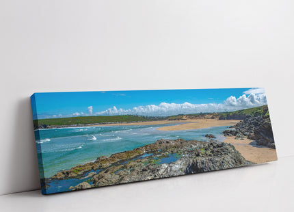 Crantock beach and rock pools. Panoramic, coastal canvas picture print.