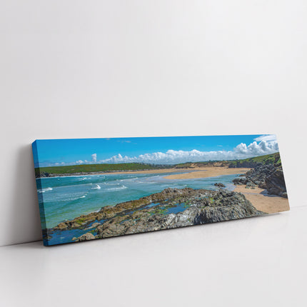 Crantock beach and rock pools. Panoramic, coastal canvas picture print.