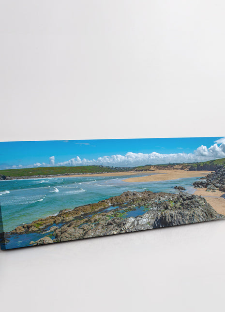 Crantock beach and rock pools. Panoramic, coastal canvas picture print.