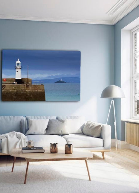 St Ives lighthouse, with Godrevy in background , Cornwall canvas picture print