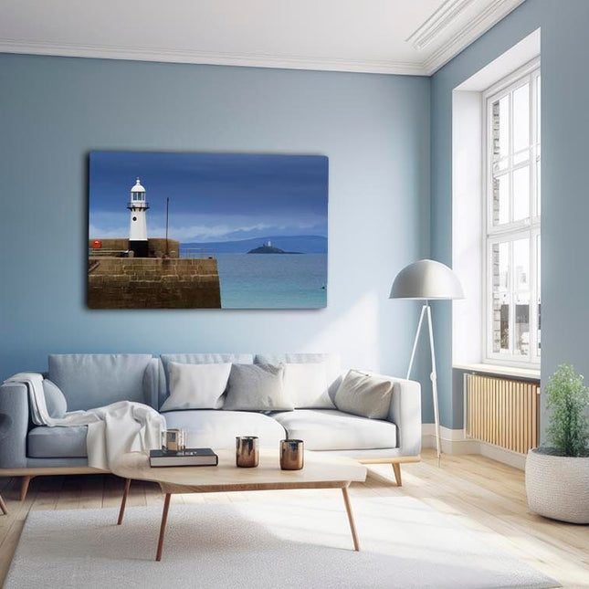 St Ives lighthouse, with Godrevy in background , Cornwall canvas picture print