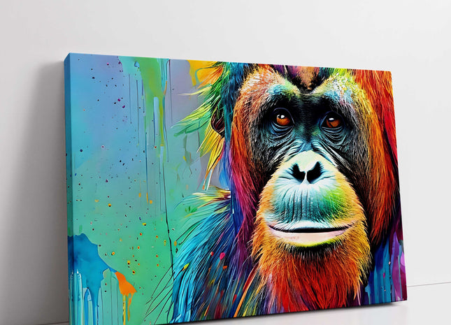 Orangutan close up. Multicoloured, graffiti style. Canvas picture print.