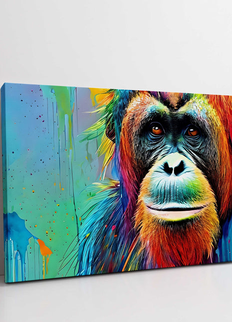 Orangutan close up. Multicoloured, graffiti style. Canvas picture print.