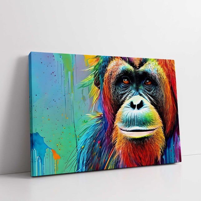 Orangutan close up. Multicoloured, graffiti style. Canvas picture print.