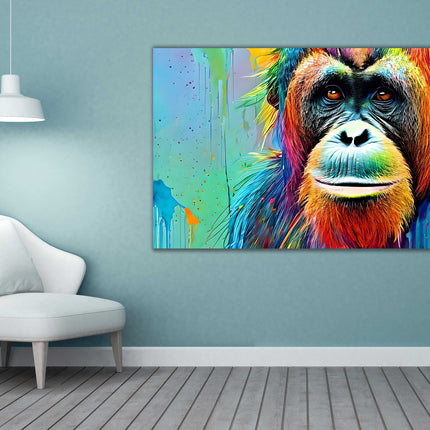 Orangutan close up. Multicoloured, graffiti style. Canvas picture print.