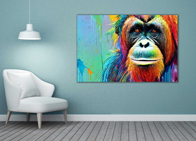 Orangutan close up. Multicoloured, graffiti style. Canvas picture print.