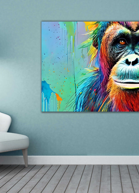 Orangutan close up. Multicoloured, graffiti style. Canvas picture print.