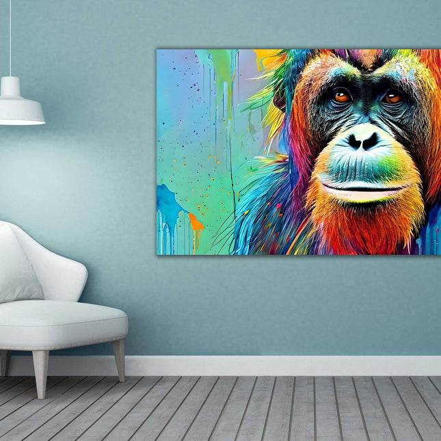 Orangutan close up. Multicoloured, graffiti style. Canvas picture print.