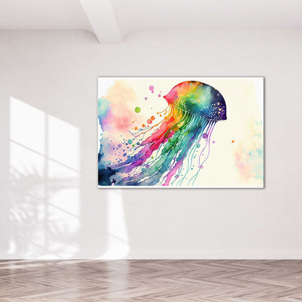 Jellyfish, rainbow colour splash. Canvas picture print
