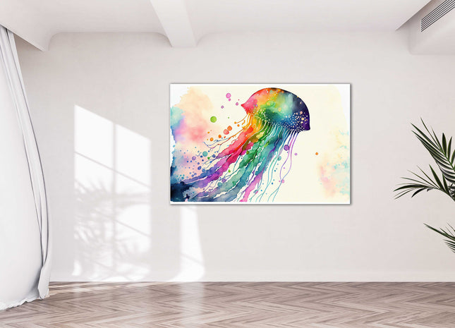 Jellyfish, rainbow colour splash. Canvas picture print