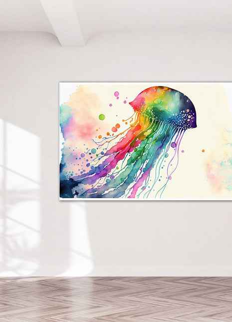 Jellyfish, rainbow colour splash. Canvas picture print