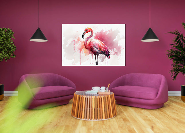 Pink Flamingo, watercolour paint effect. Canvas picture print.