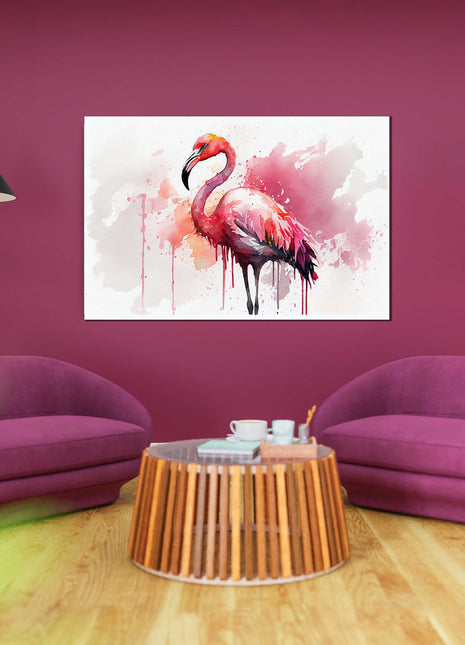 Pink Flamingo, watercolour paint effect. Canvas picture print.